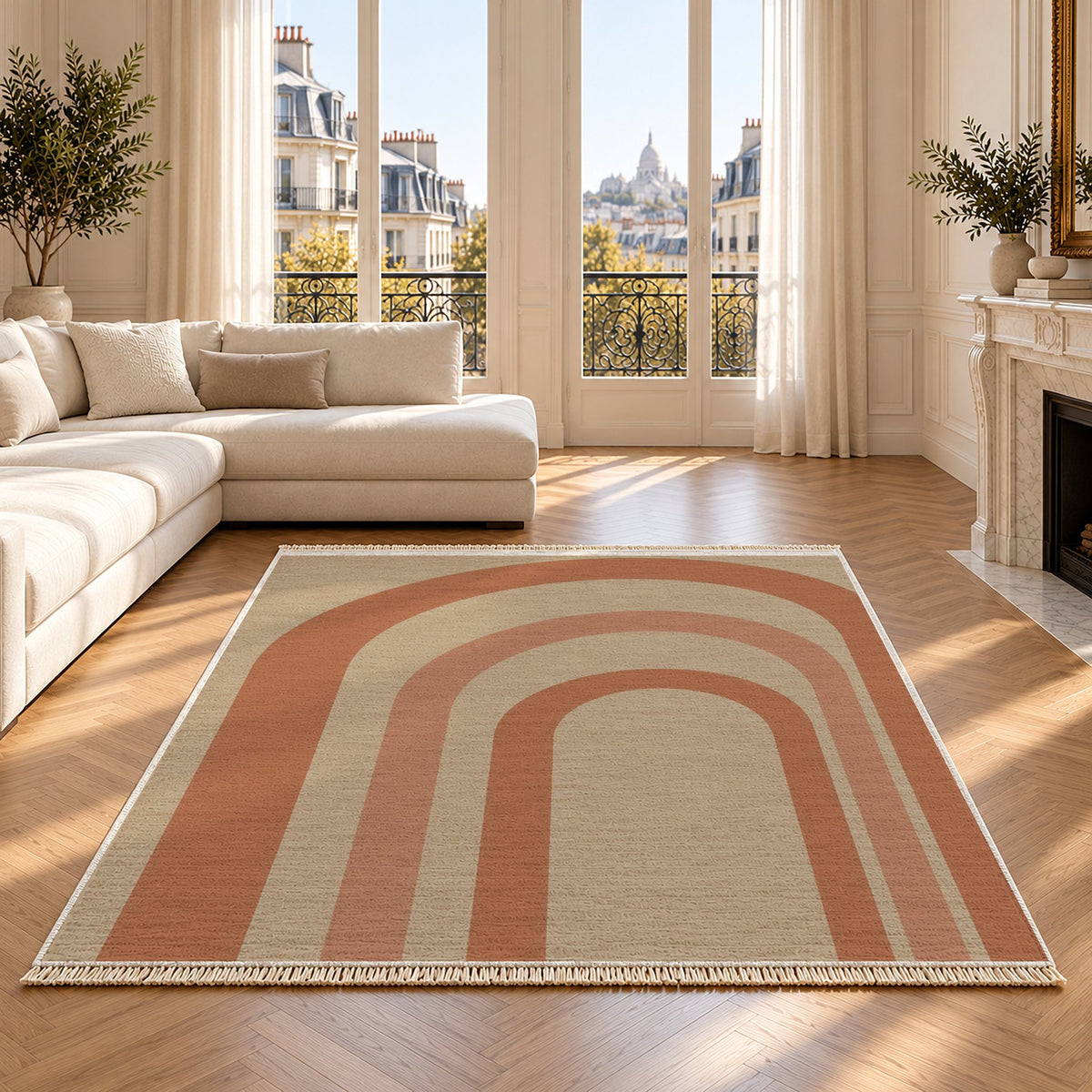 Quiet Arches Sand & Terracotta washable rug on an oak floor