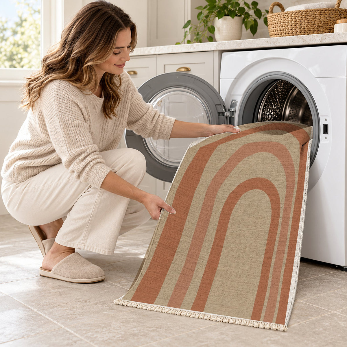Quiet Arches Sand & Terracotta washable rug being loaded into a washing machine