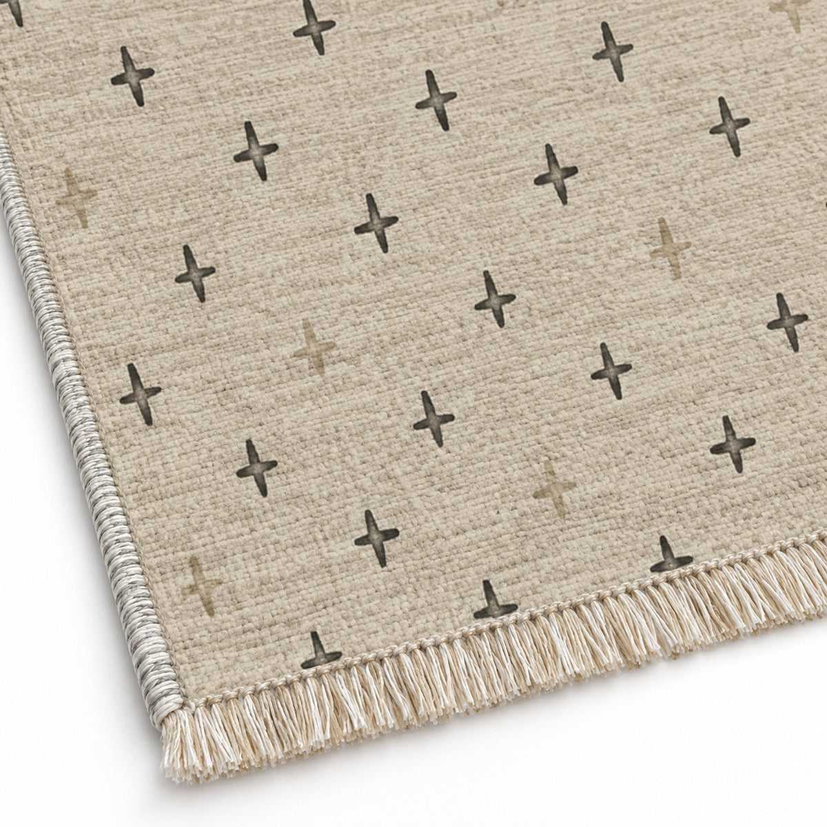 Quiet Crosses Ivory & Charcoal washable rug close-up of the printed chenille