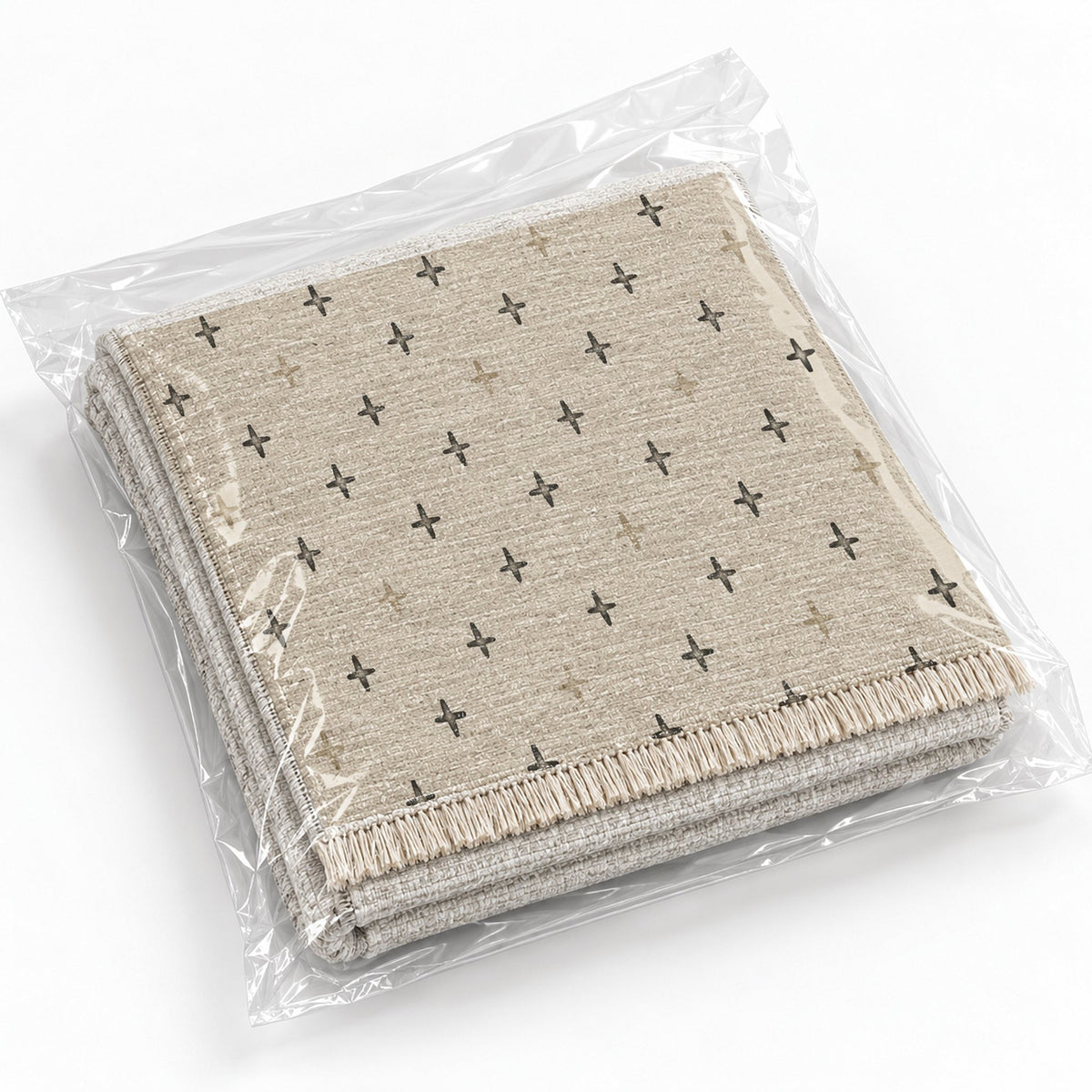 Quiet Crosses Ivory & Charcoal washable rug rolled and packaged