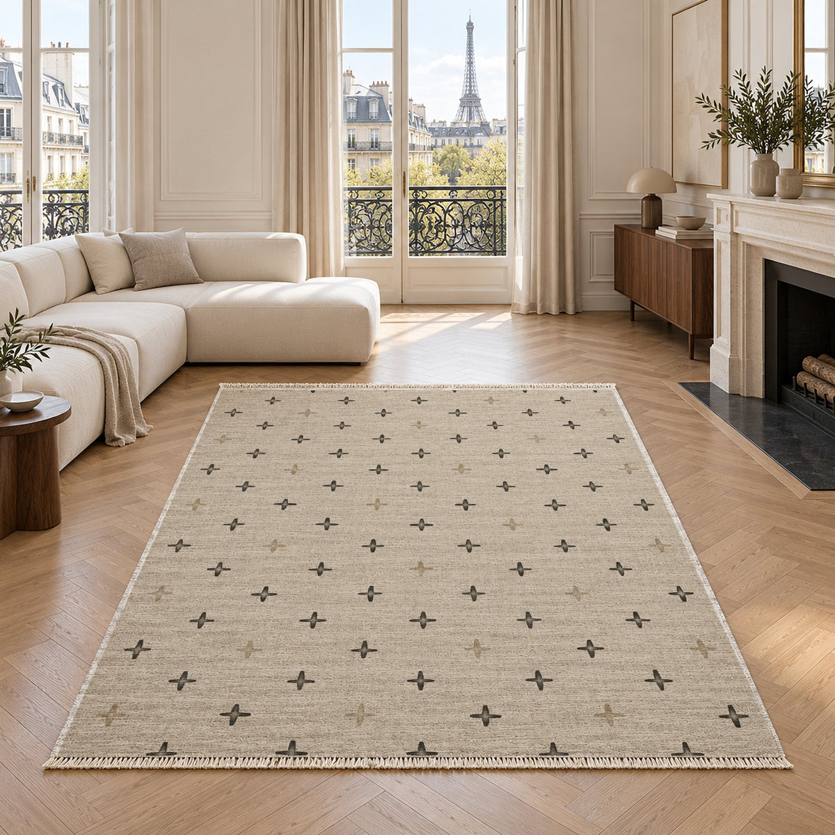 Quiet Crosses Ivory & Charcoal washable rug in a living room with an Eiffel Tower view