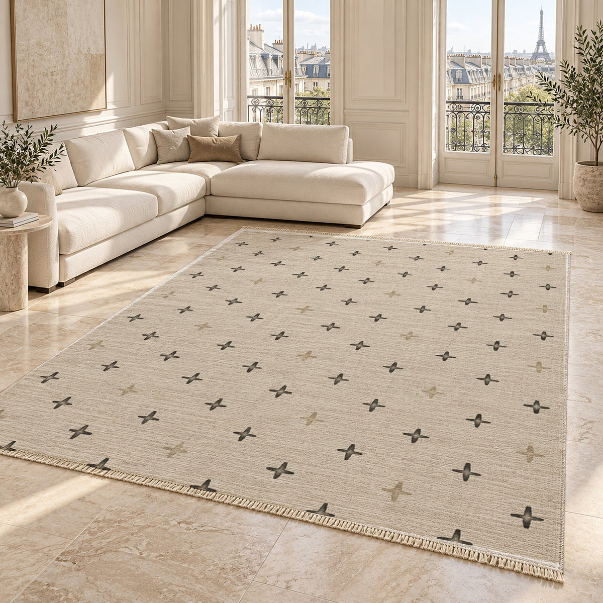 Quiet Crosses Ivory & Charcoal washable rug angled room view on marble