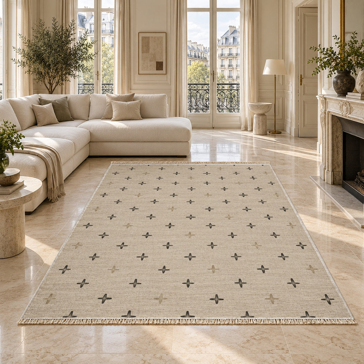 Quiet Crosses Ivory & Charcoal washable rug on a marble floor