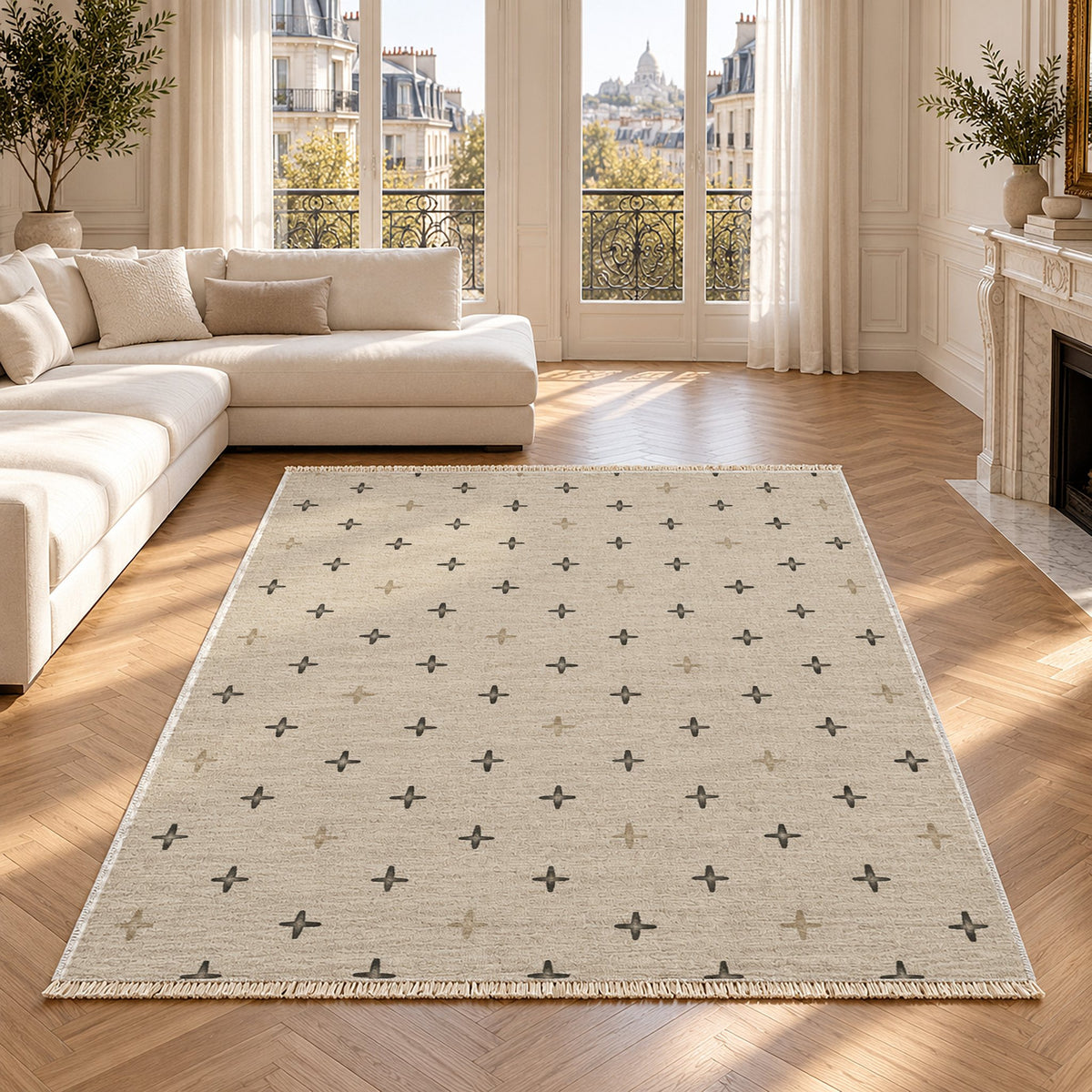 Quiet Crosses Ivory & Charcoal washable rug in a Paris living room