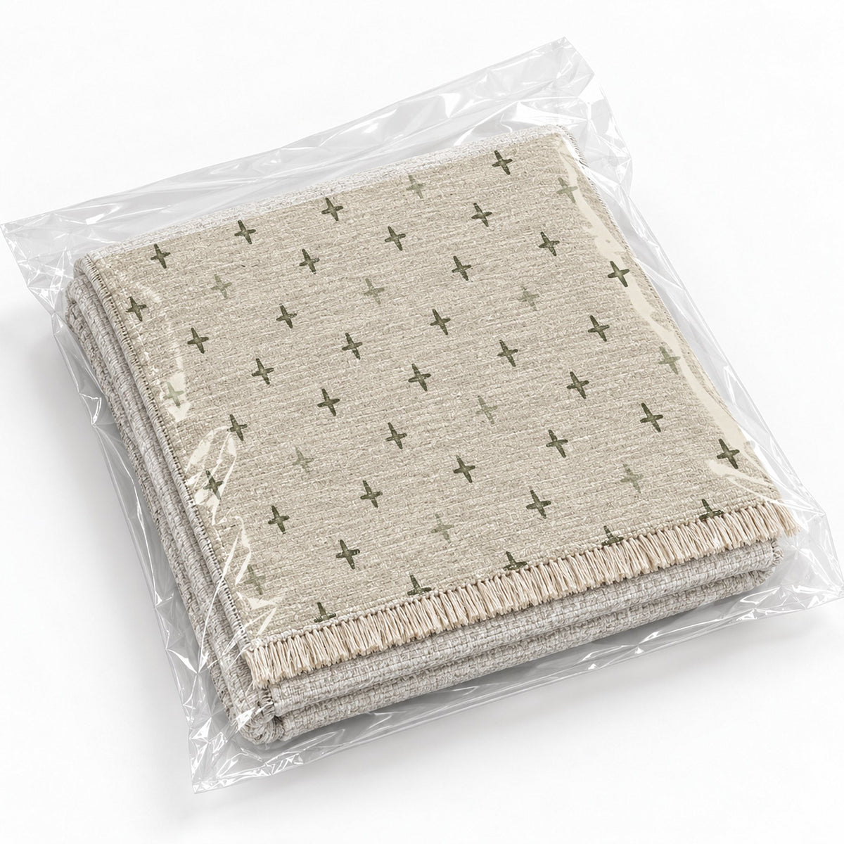 Quiet Crosses Ivory & Olive washable rug rolled and packaged