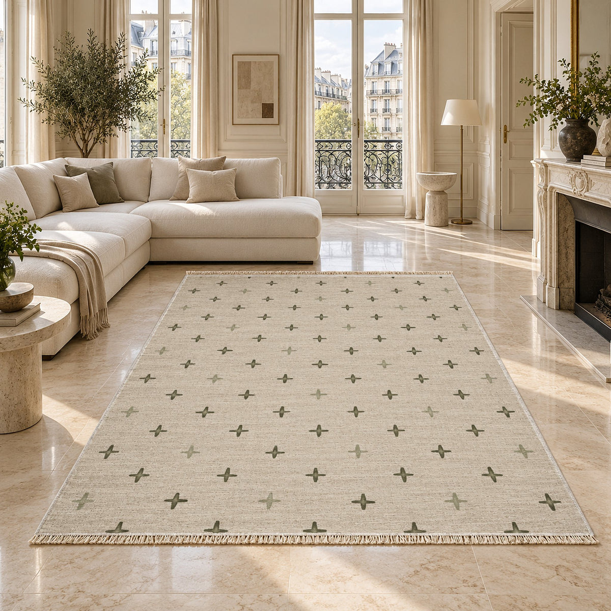 Quiet Crosses Ivory & Olive washable rug on a marble floor