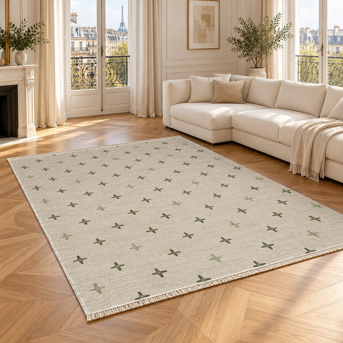 Quiet Crosses Ivory & Olive washable rug angled room view