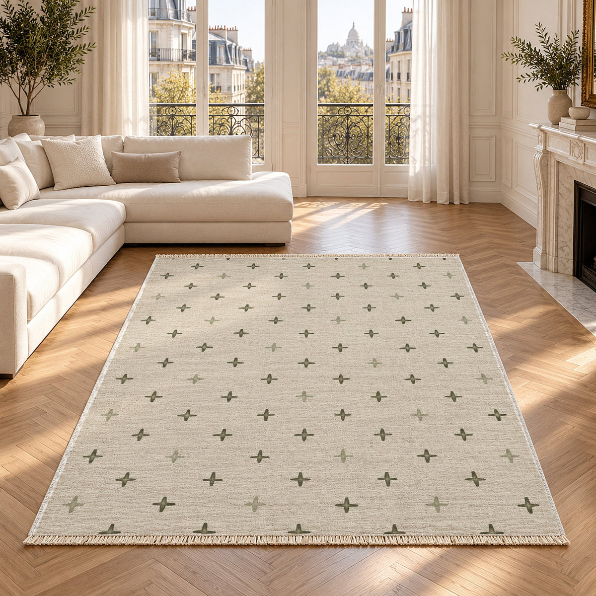 Quiet Crosses Ivory & Olive washable rug in a Paris living room