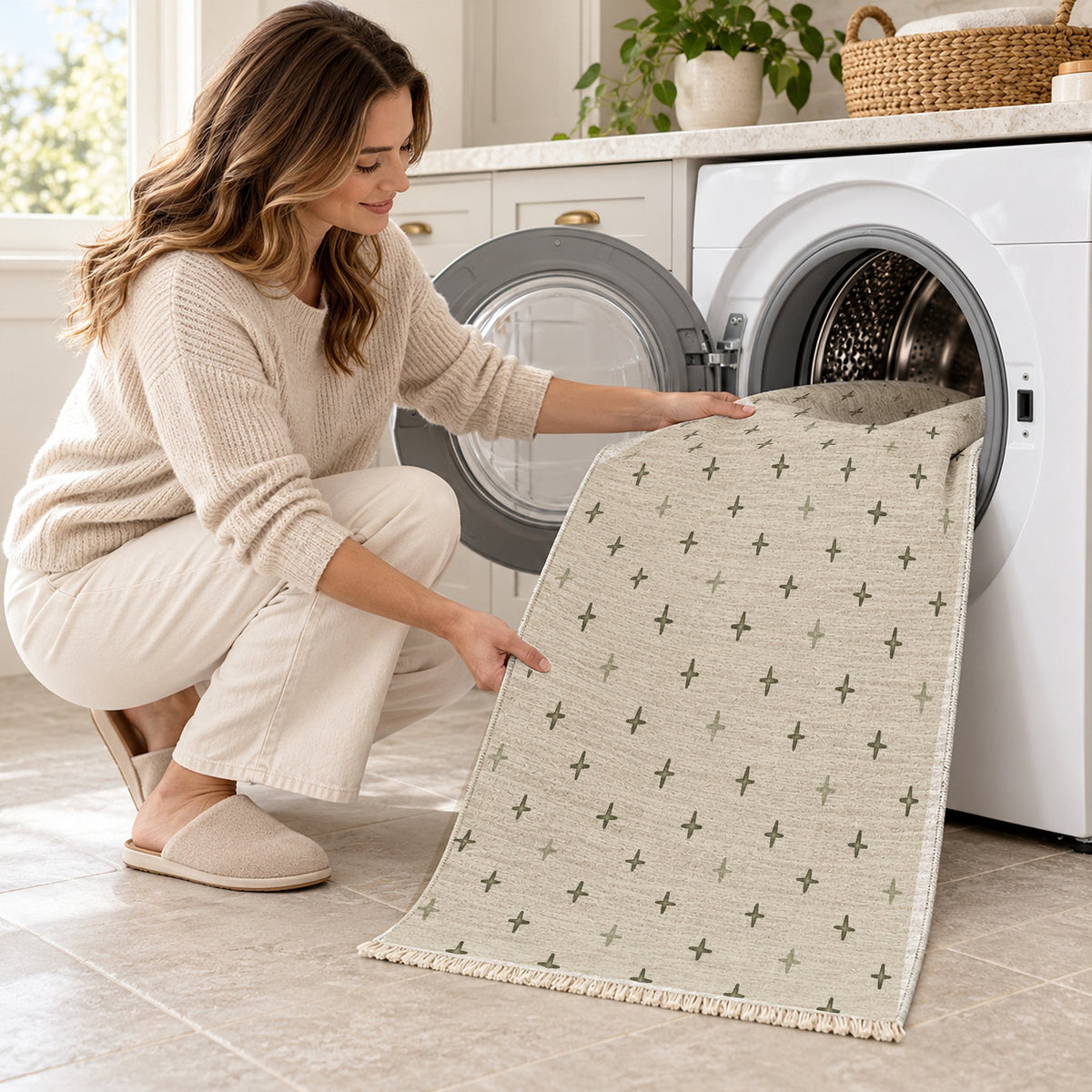 Quiet Crosses Ivory & Olive washable rug being loaded into a washing machine
