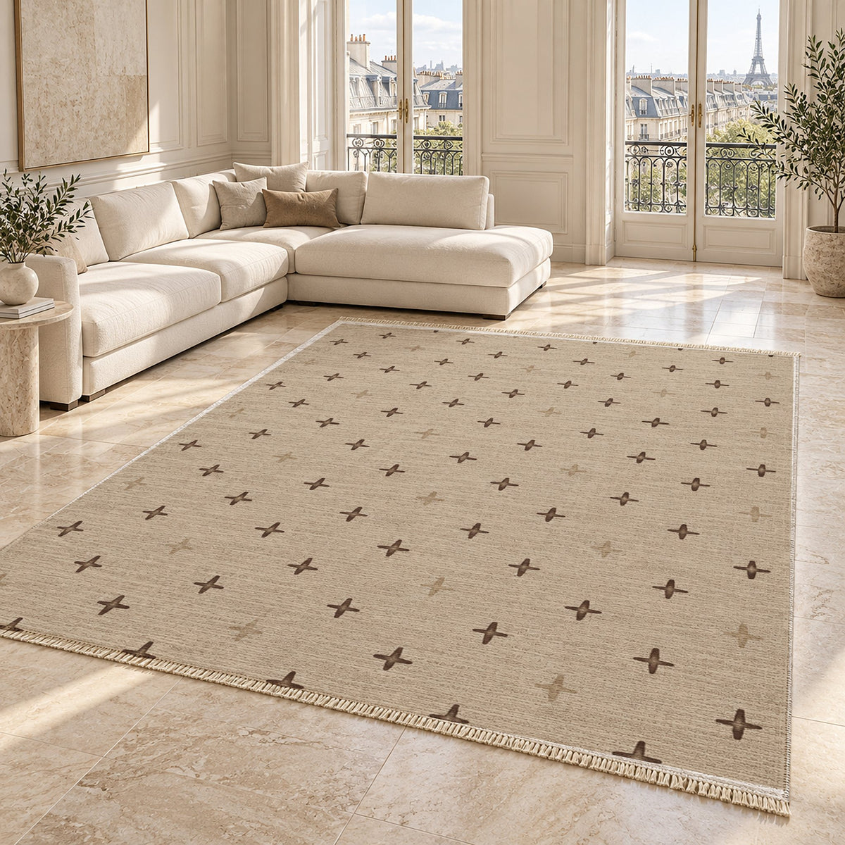 Quiet Crosses Oat & Cocoa washable rug angled room view on marble