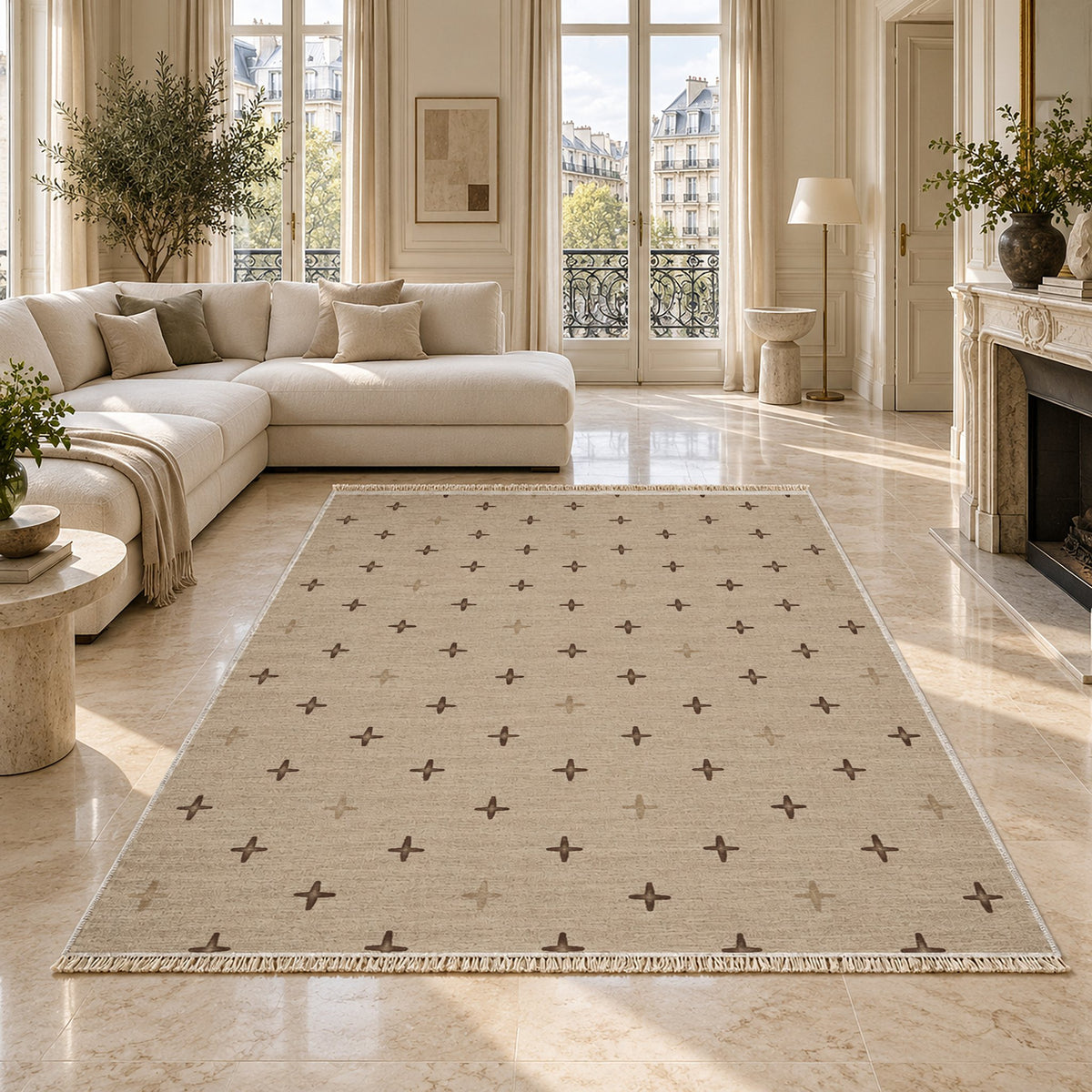 Quiet Crosses Oat & Cocoa washable rug on a marble floor