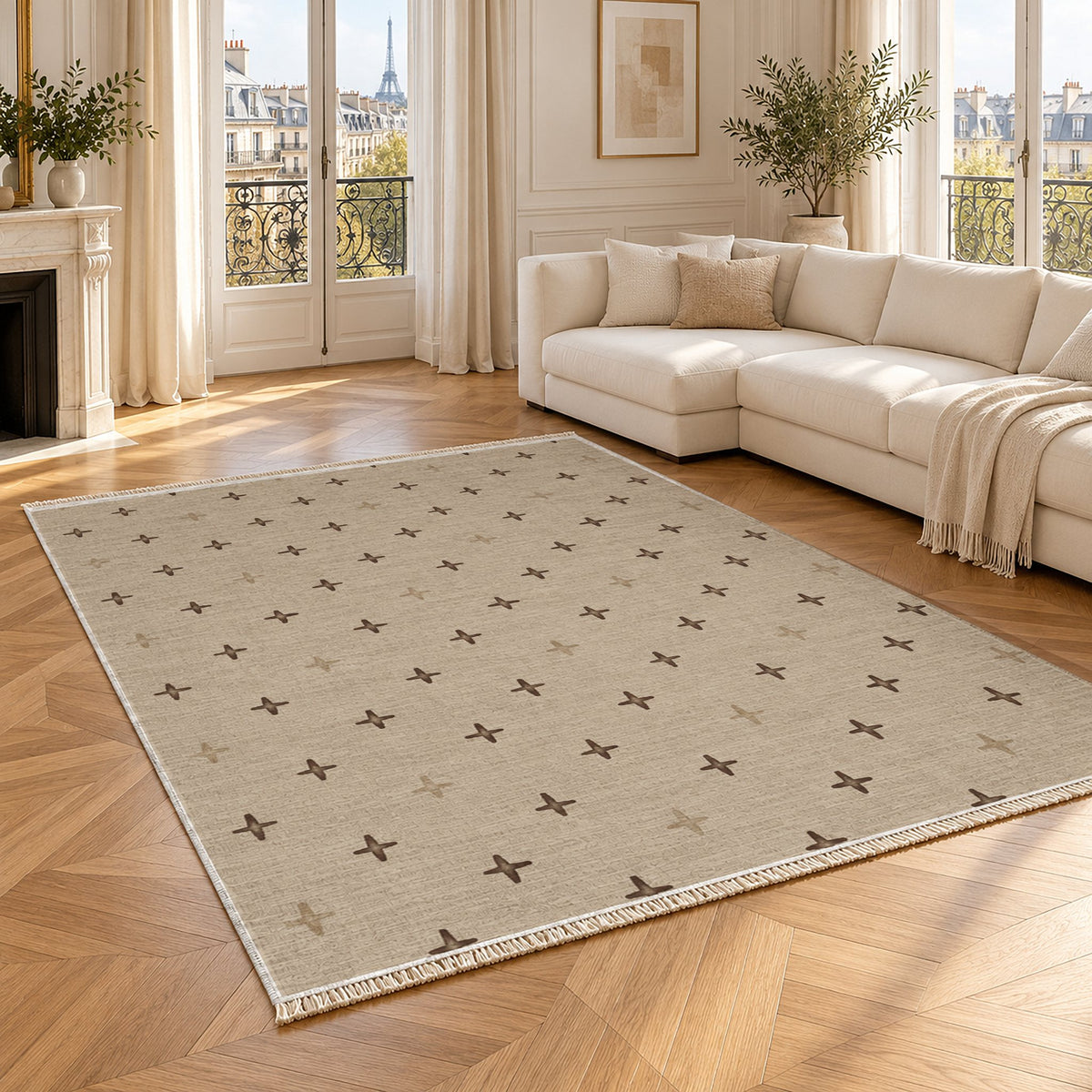 Quiet Crosses Oat & Cocoa washable rug angled room view