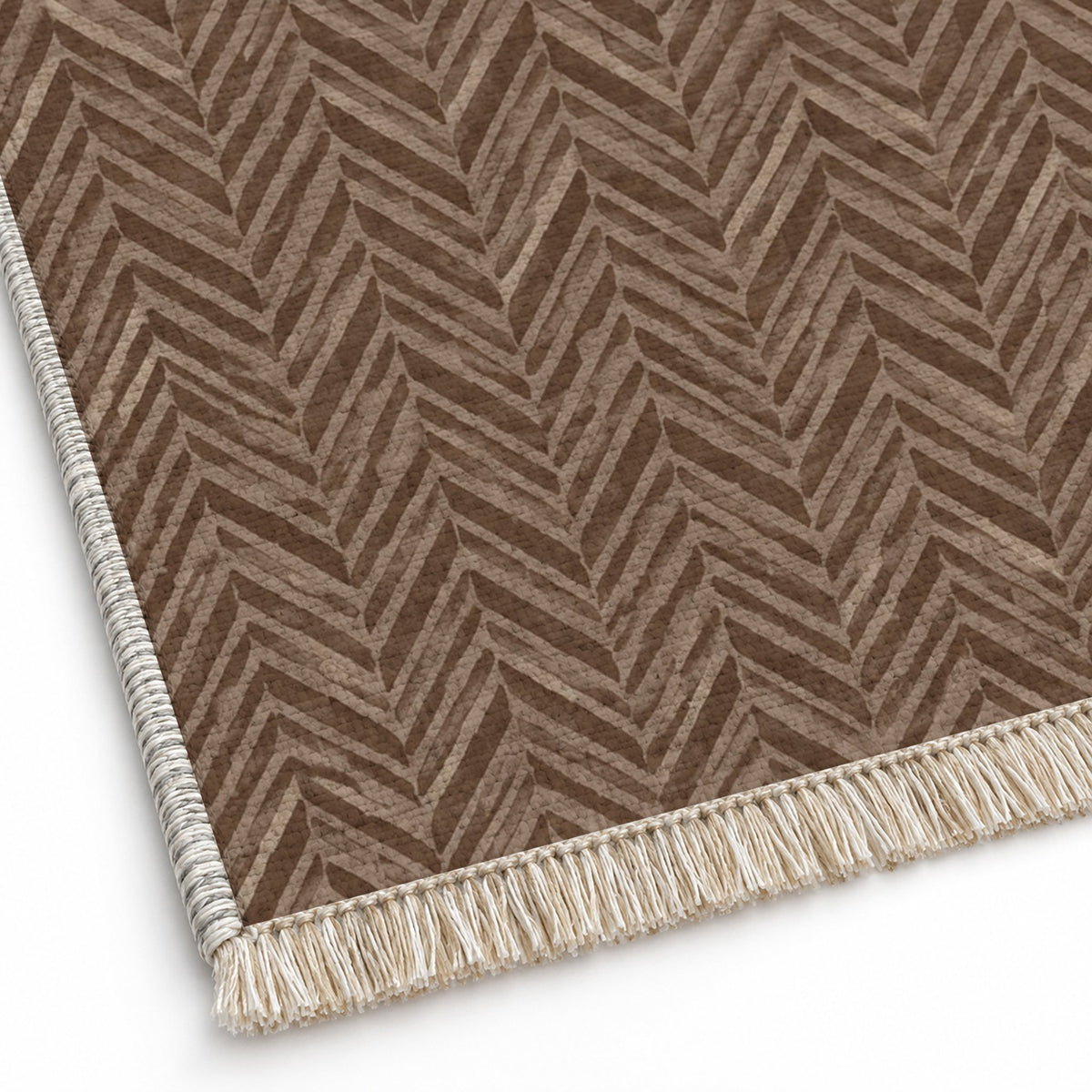 Quiet Herringbone Cocoa & Taupe washable rug close-up of the printed chenille