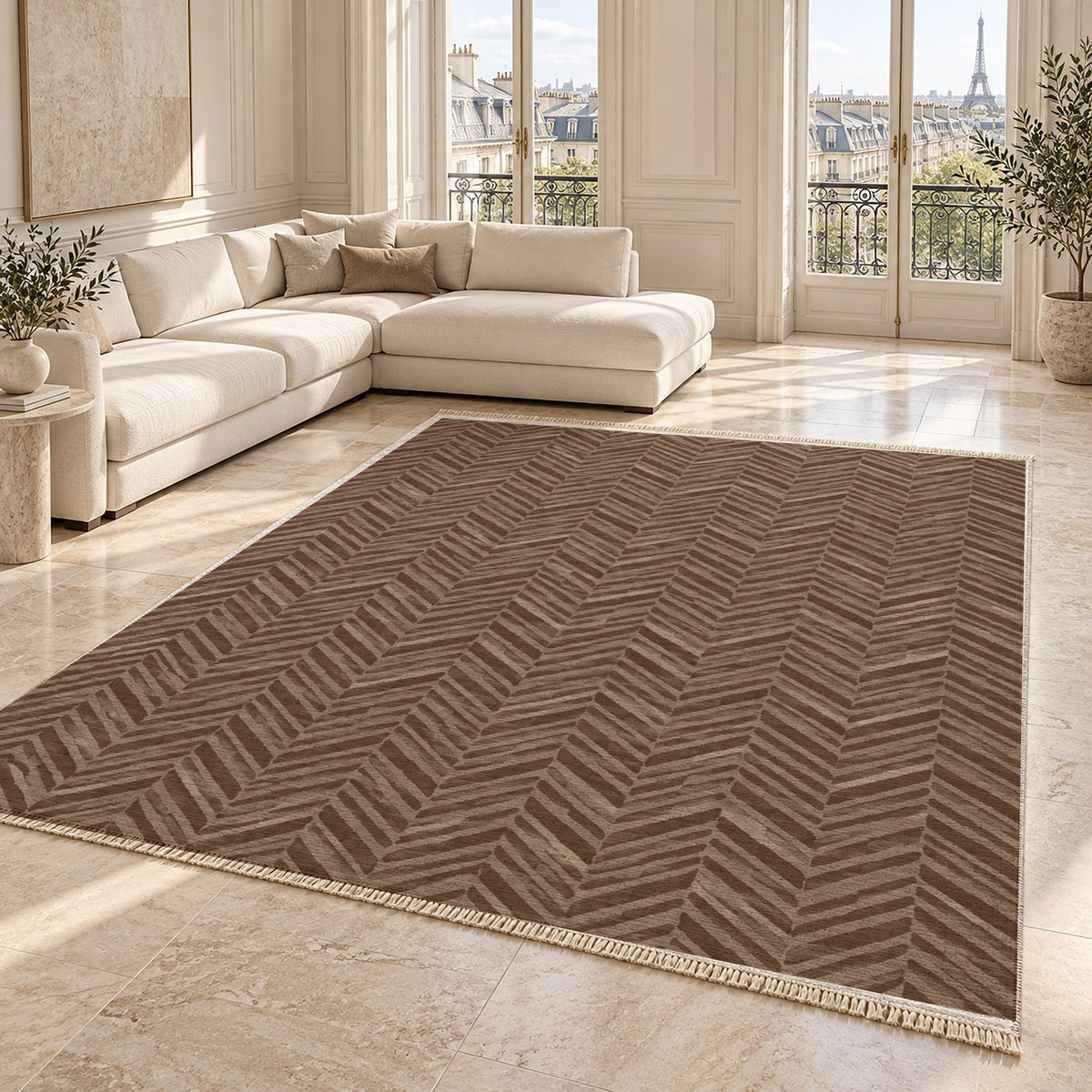Quiet Herringbone Cocoa & Taupe washable rug angled room view on marble