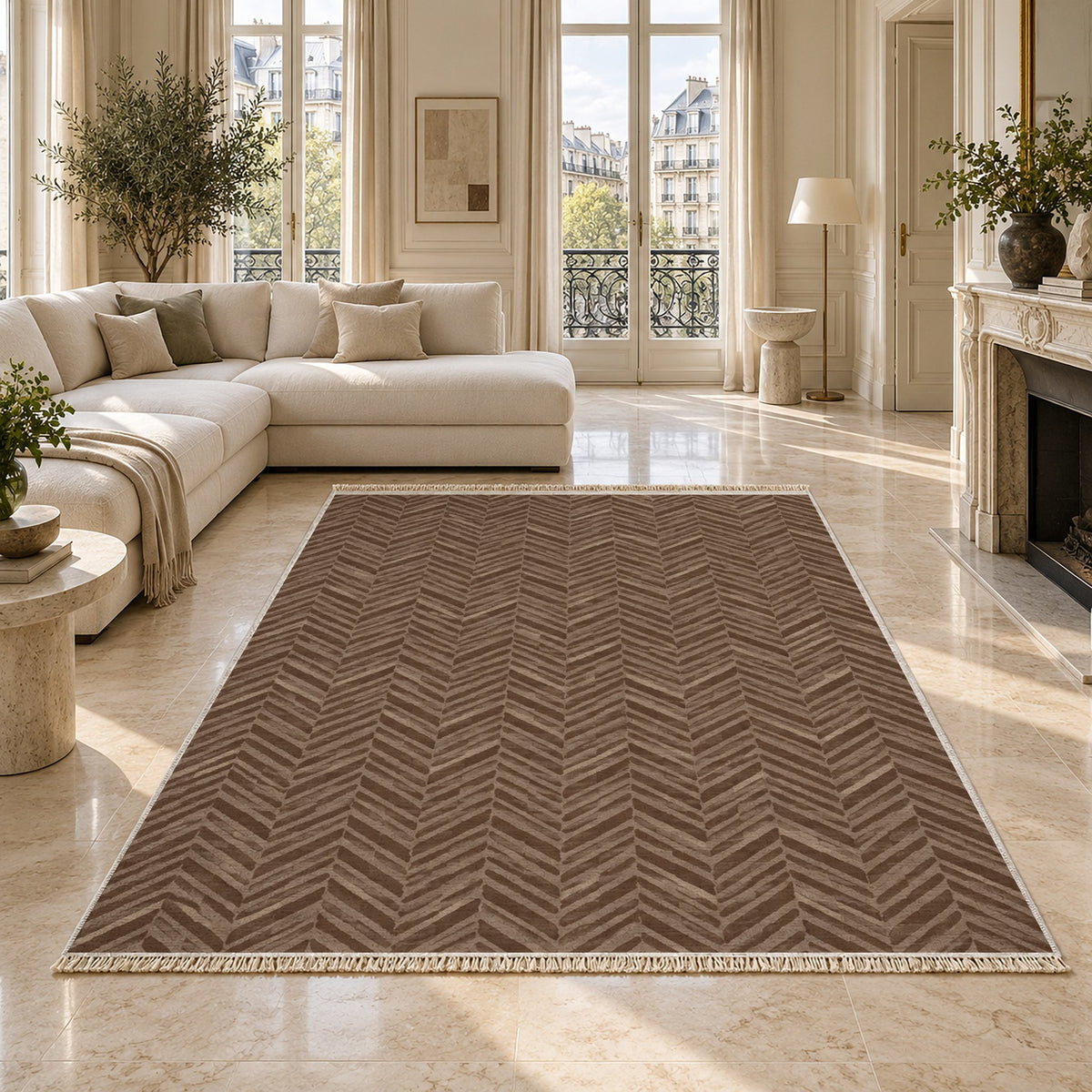 Quiet Herringbone Cocoa & Taupe washable rug on a marble floor
