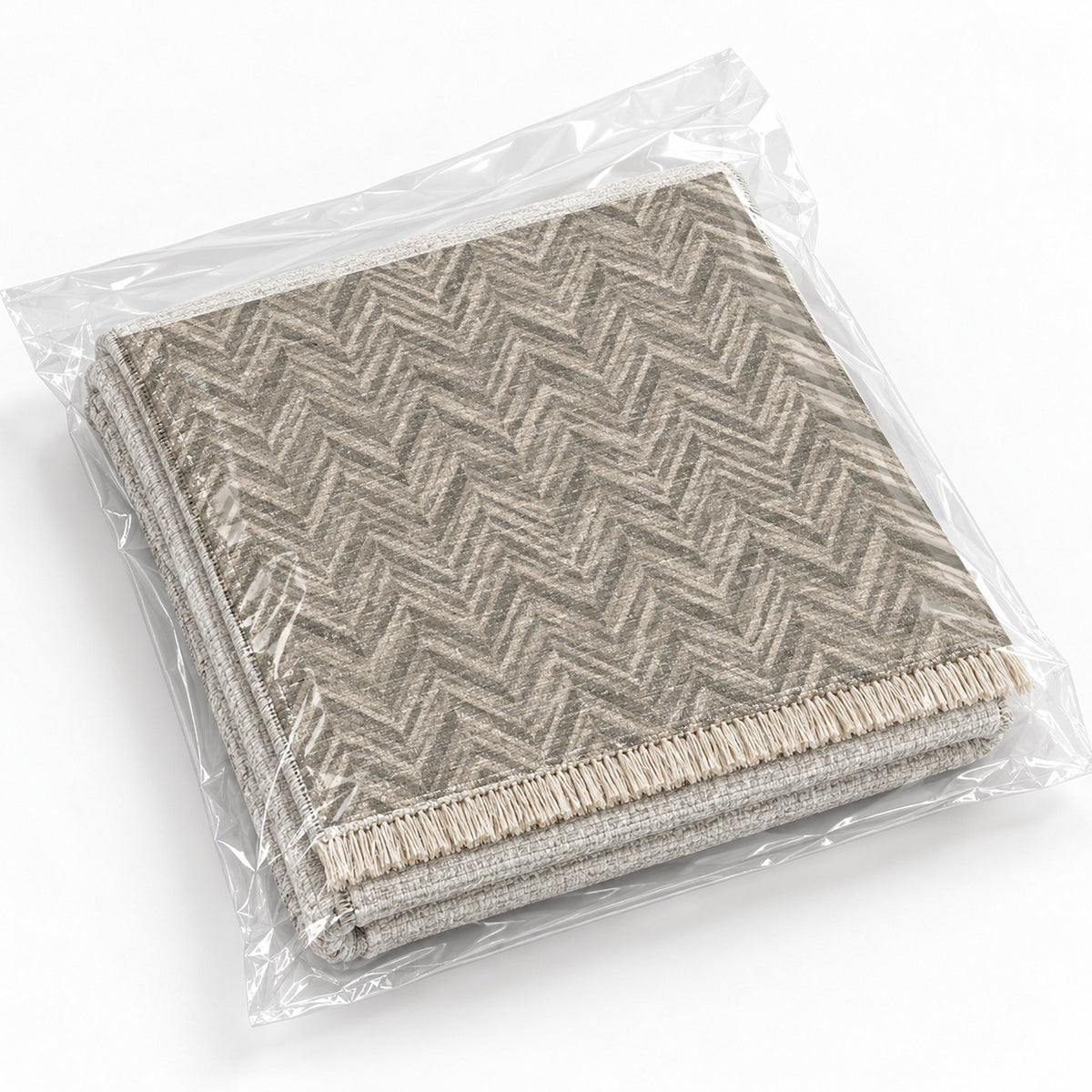 Quiet Herringbone Greige & Stone washable rug rolled and packaged