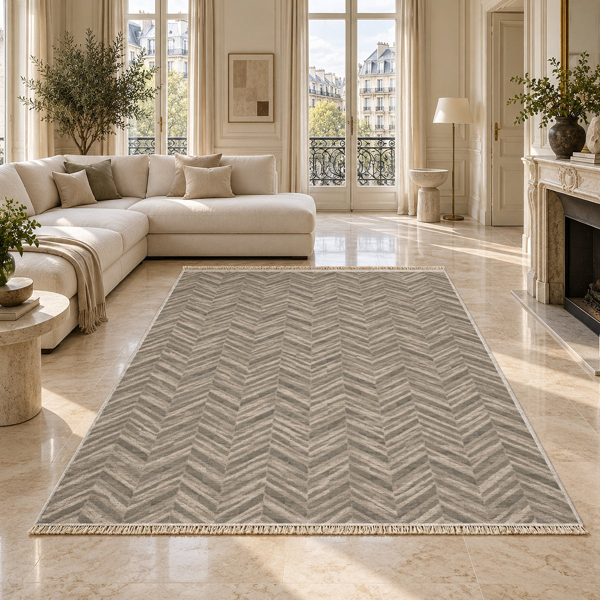 Quiet Herringbone Greige & Stone washable rug on a marble floor