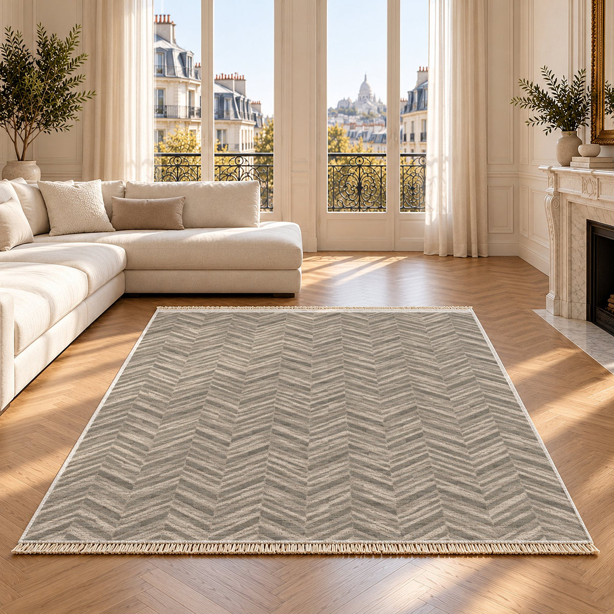 Quiet Herringbone Greige & Stone washable rug on an oak floor