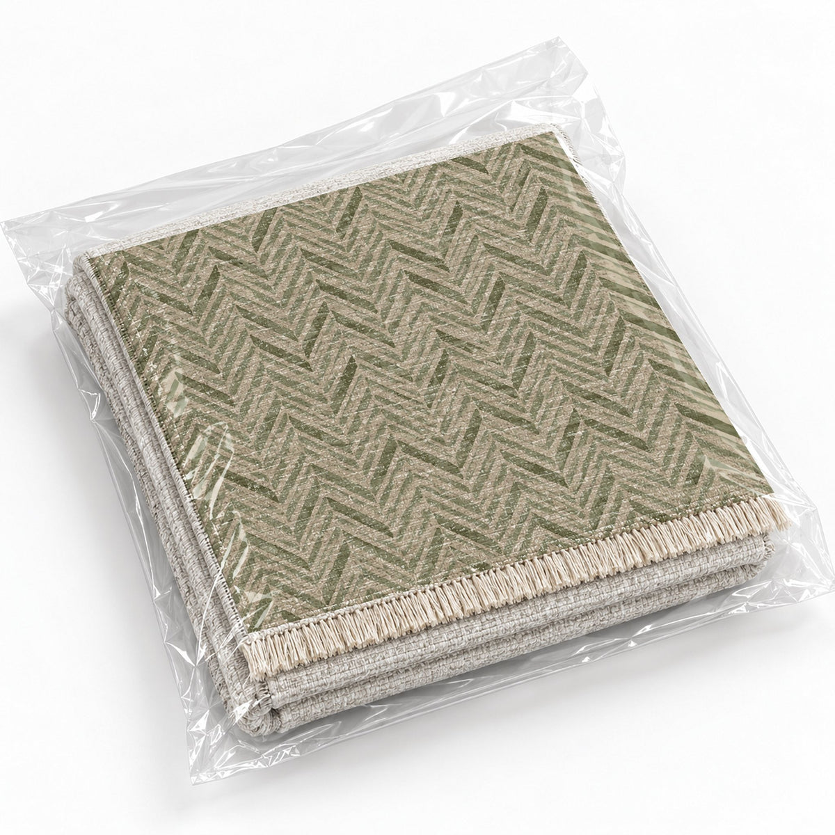 Quiet Herringbone Sage & Oat washable rug rolled and packaged