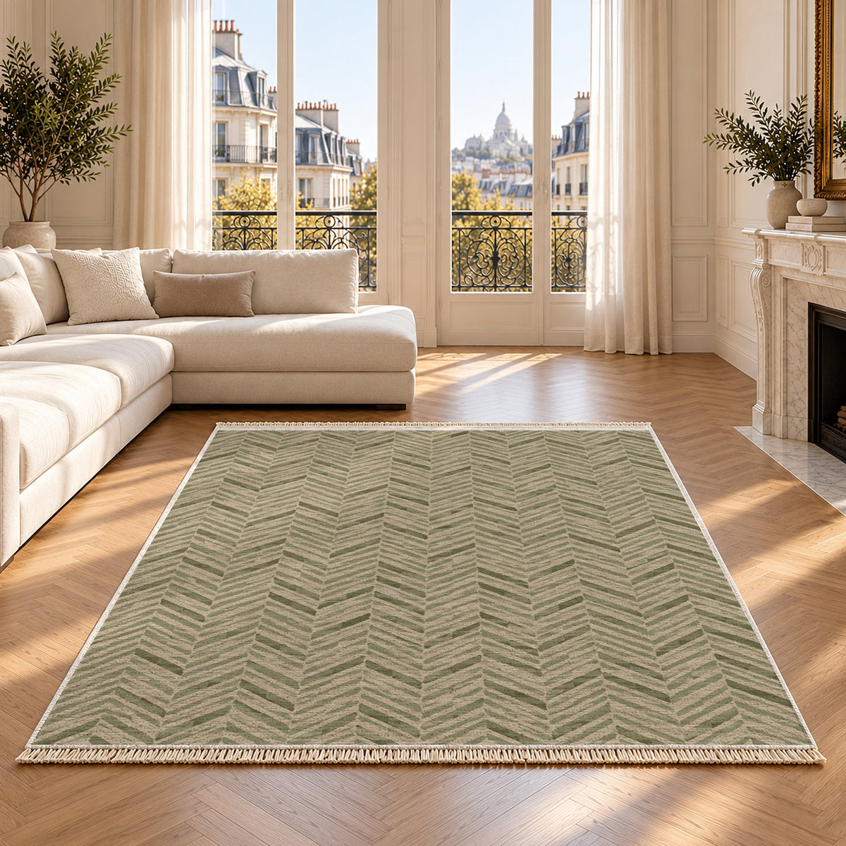 Quiet Herringbone Sage & Oat washable rug on an oak floor