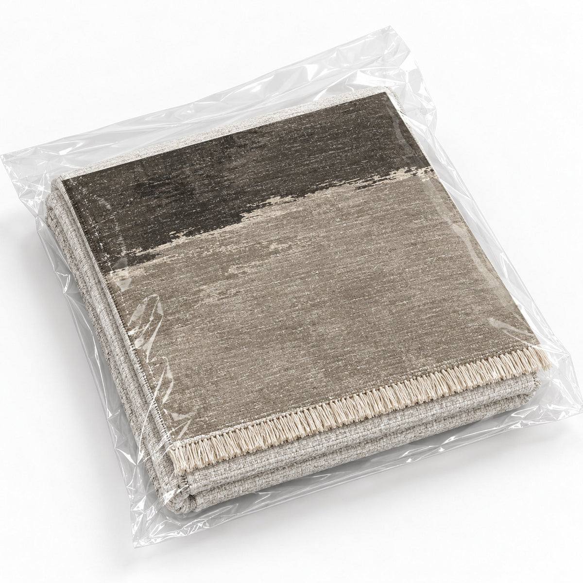 Quiet Horizon Greige & Charcoal washable rug rolled and packaged
