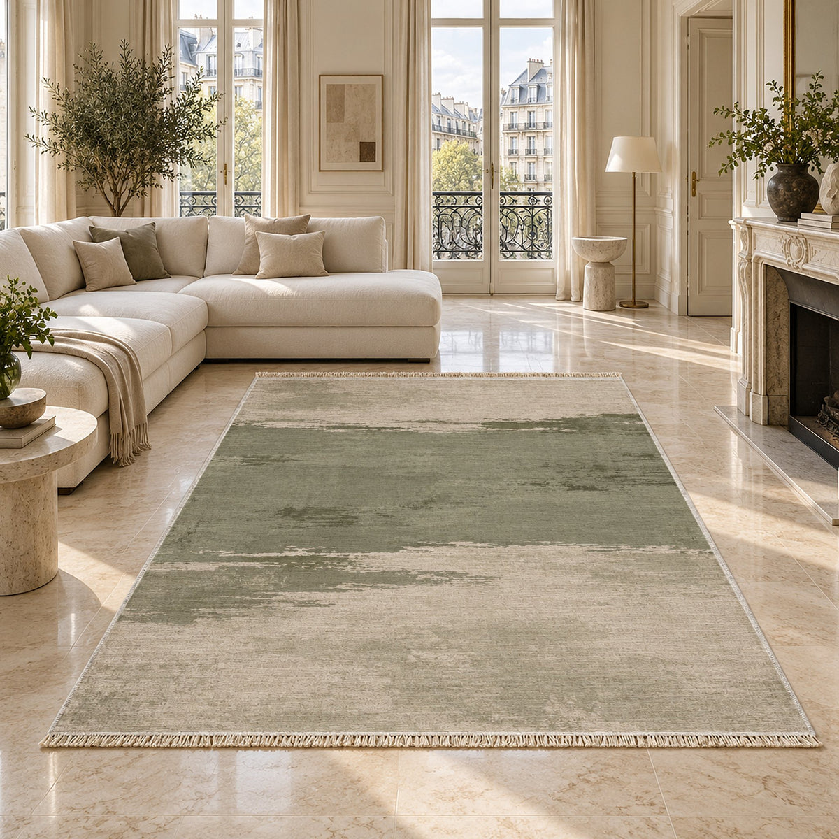 Quiet Horizon Ivory & Sage washable rug on a marble floor