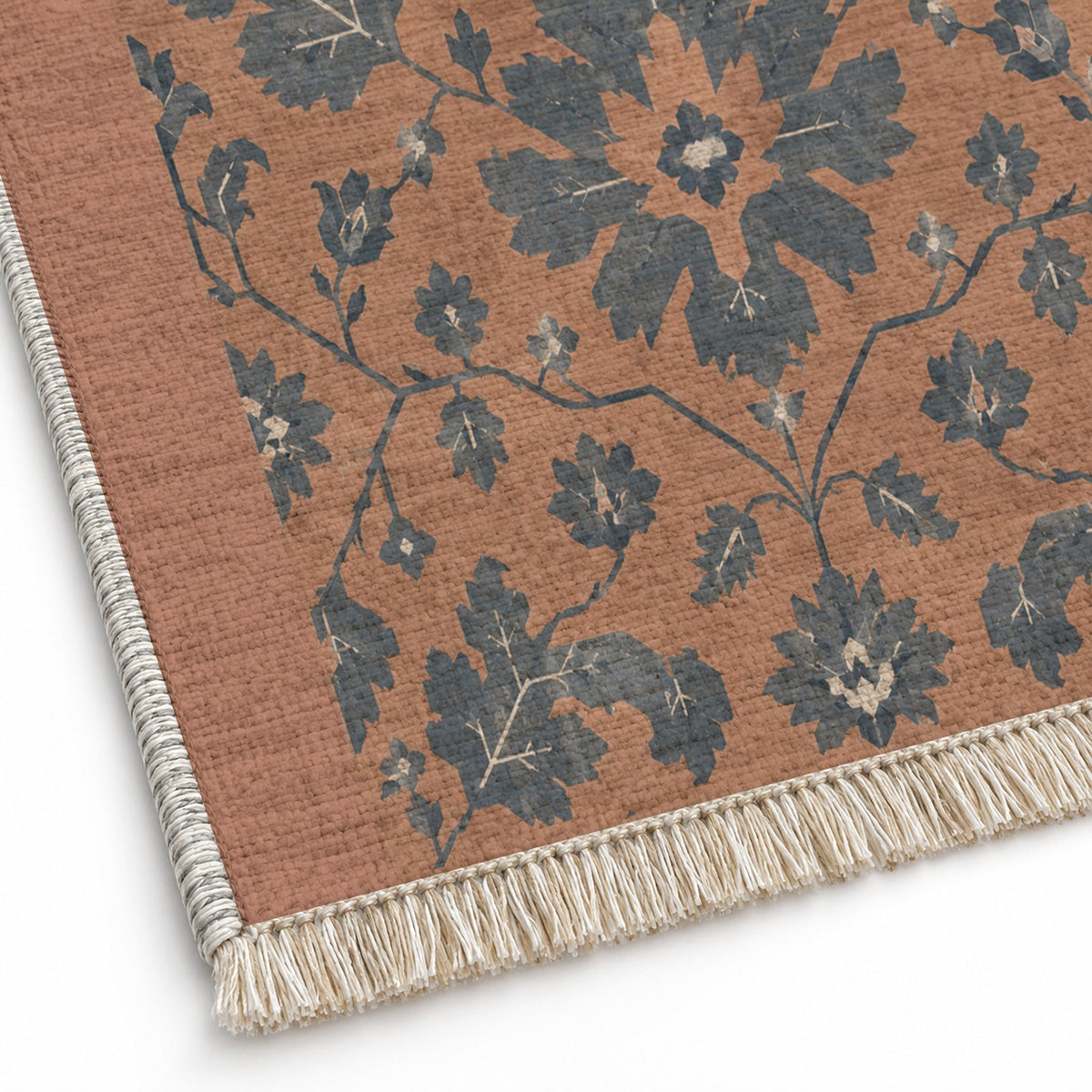 Quiet Oushak Clay & Denim washable rug close-up of the printed chenille