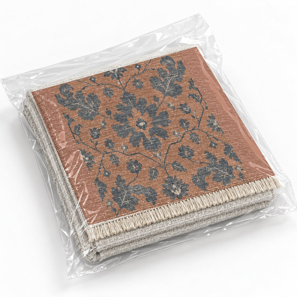 Quiet Oushak Clay & Denim washable rug rolled and packaged
