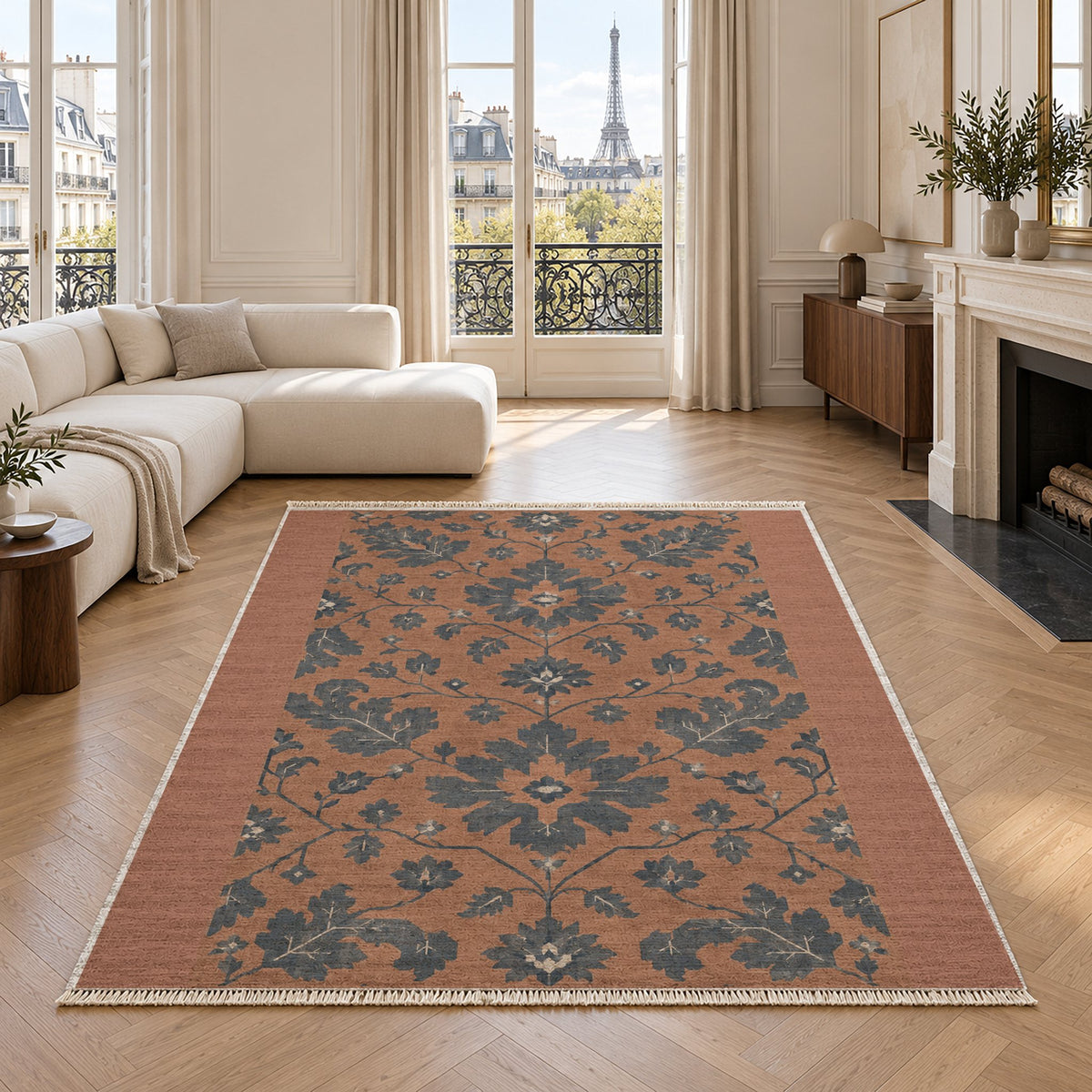Quiet Oushak Clay & Denim washable rug in a living room with an Eiffel Tower view
