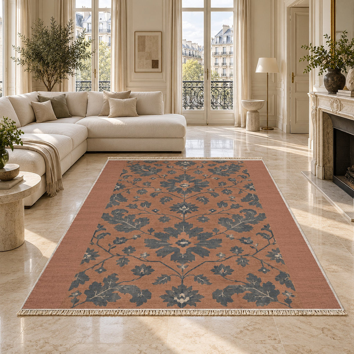 Quiet Oushak Clay & Denim washable rug on a marble floor
