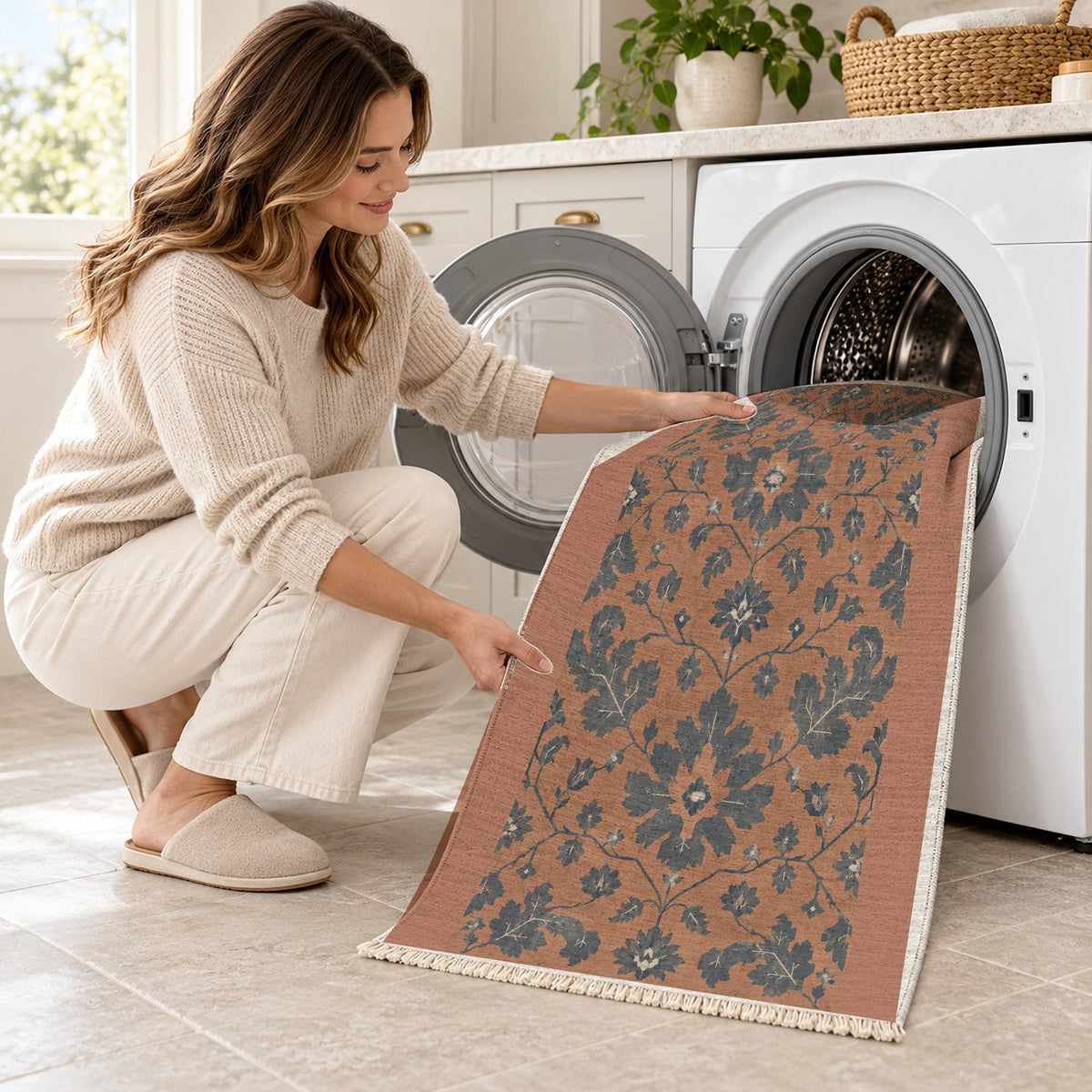 Quiet Oushak Clay & Denim washable rug being loaded into a washing machine