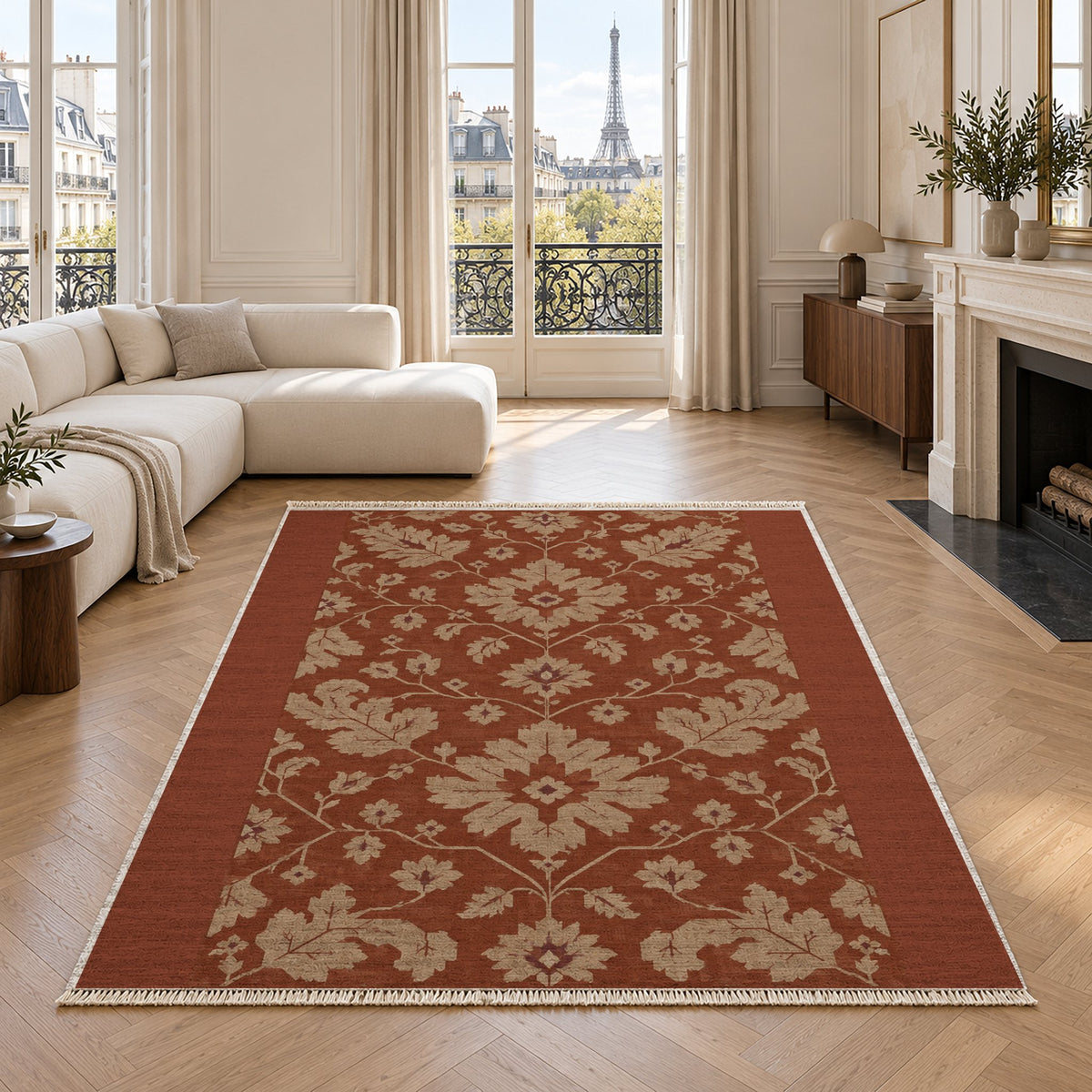 Quiet Oushak Rust & Sand washable rug in a living room with an Eiffel Tower view