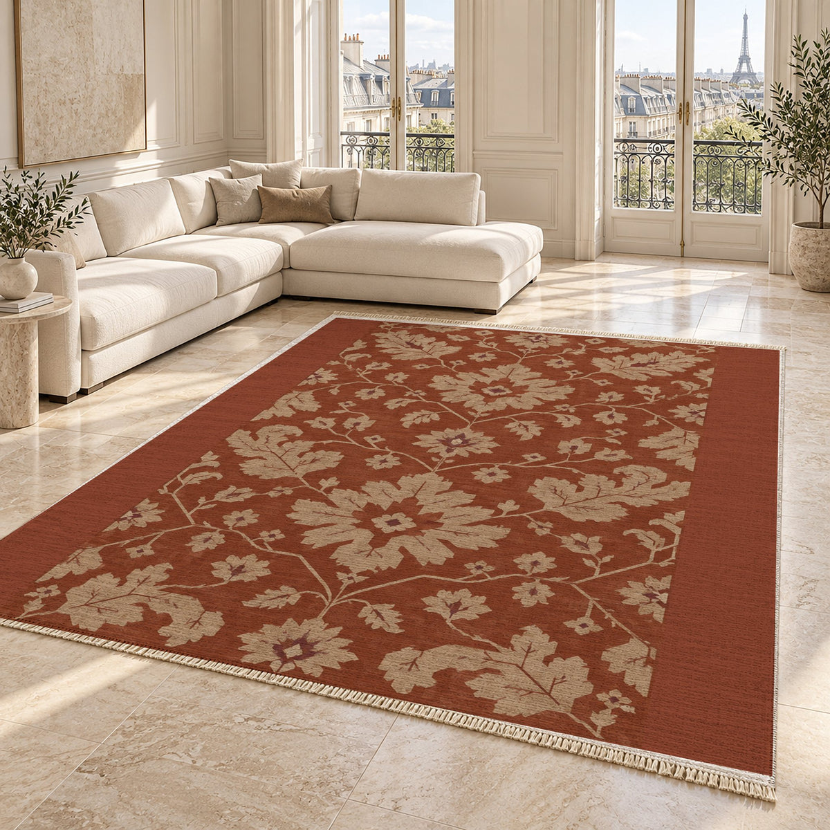 Quiet Oushak Rust & Sand washable rug angled room view on marble