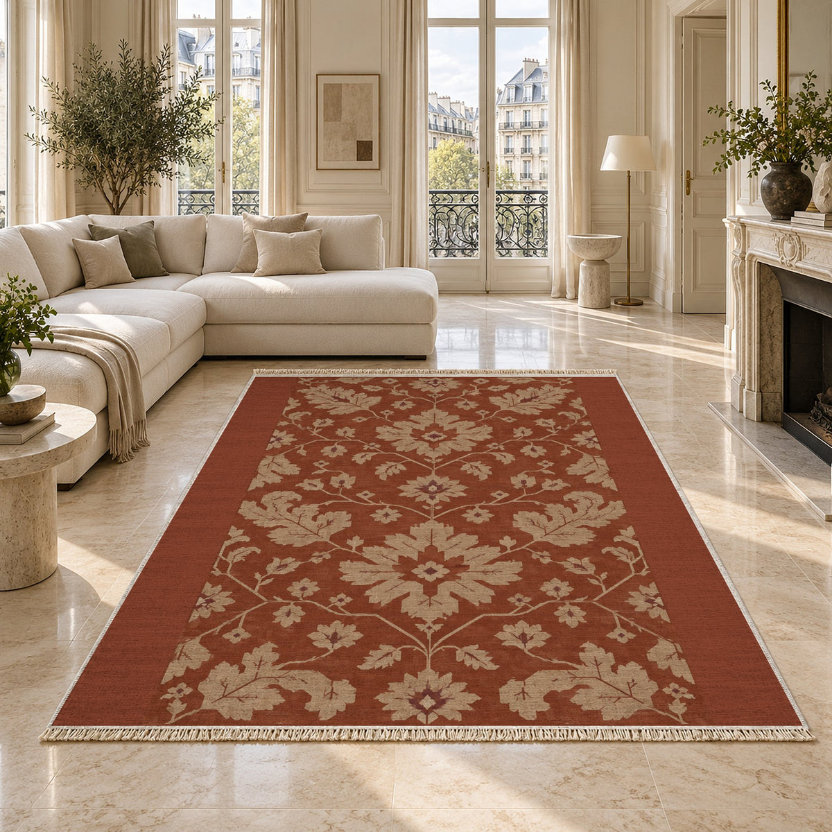 Quiet Oushak Rust & Sand washable rug on a marble floor