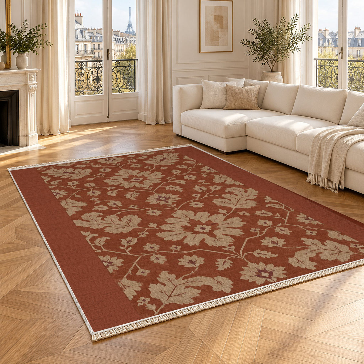 Quiet Oushak Rust & Sand washable rug angled room view
