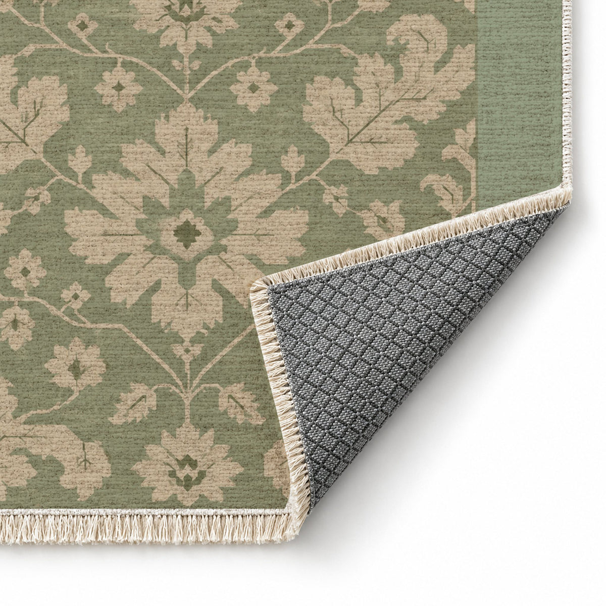 Quiet Oushak Sage & Oat washable rug folded corner showing the backing