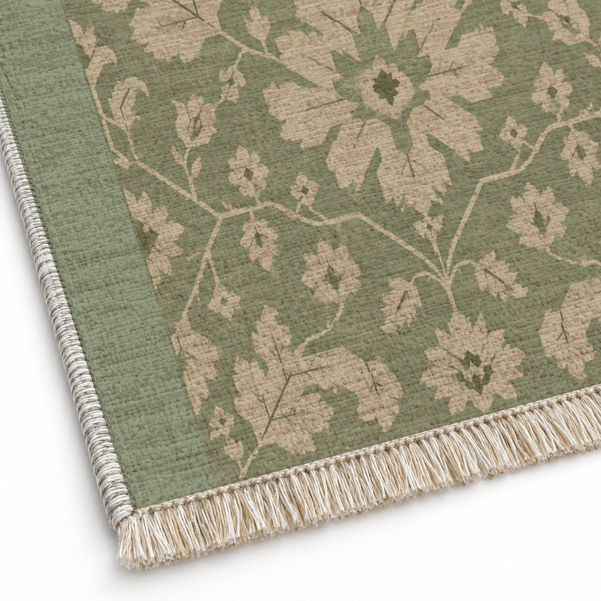 Quiet Oushak Sage & Oat washable rug close-up of the printed chenille
