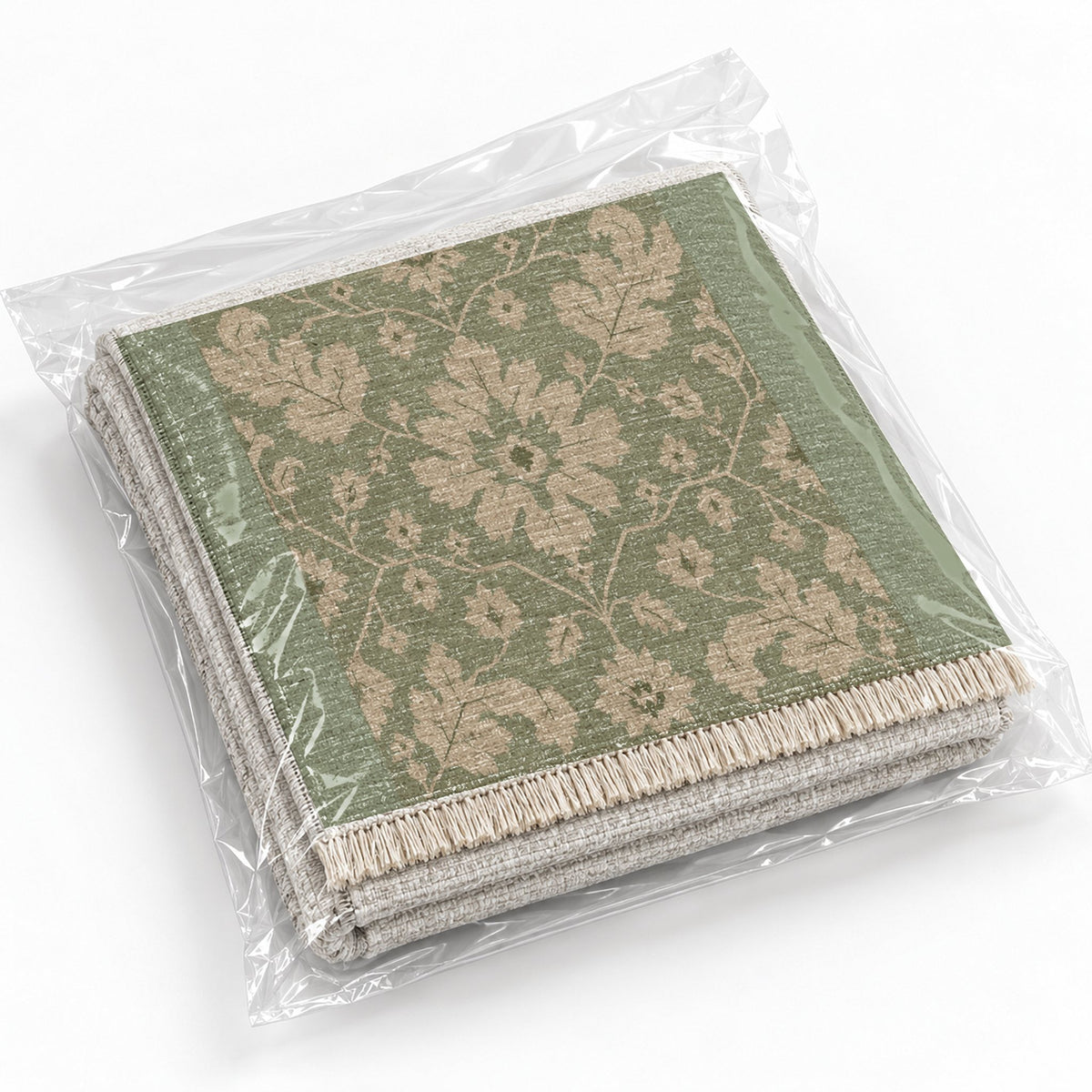 Quiet Oushak Sage & Oat washable rug rolled and packaged