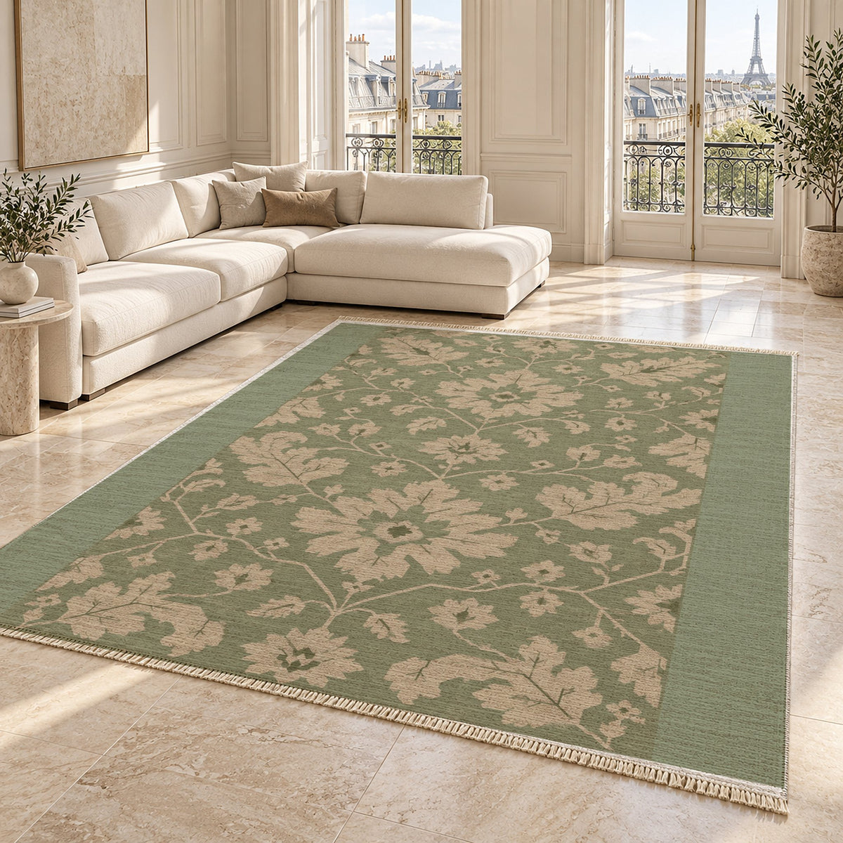 Quiet Oushak Sage & Oat washable rug angled room view on marble