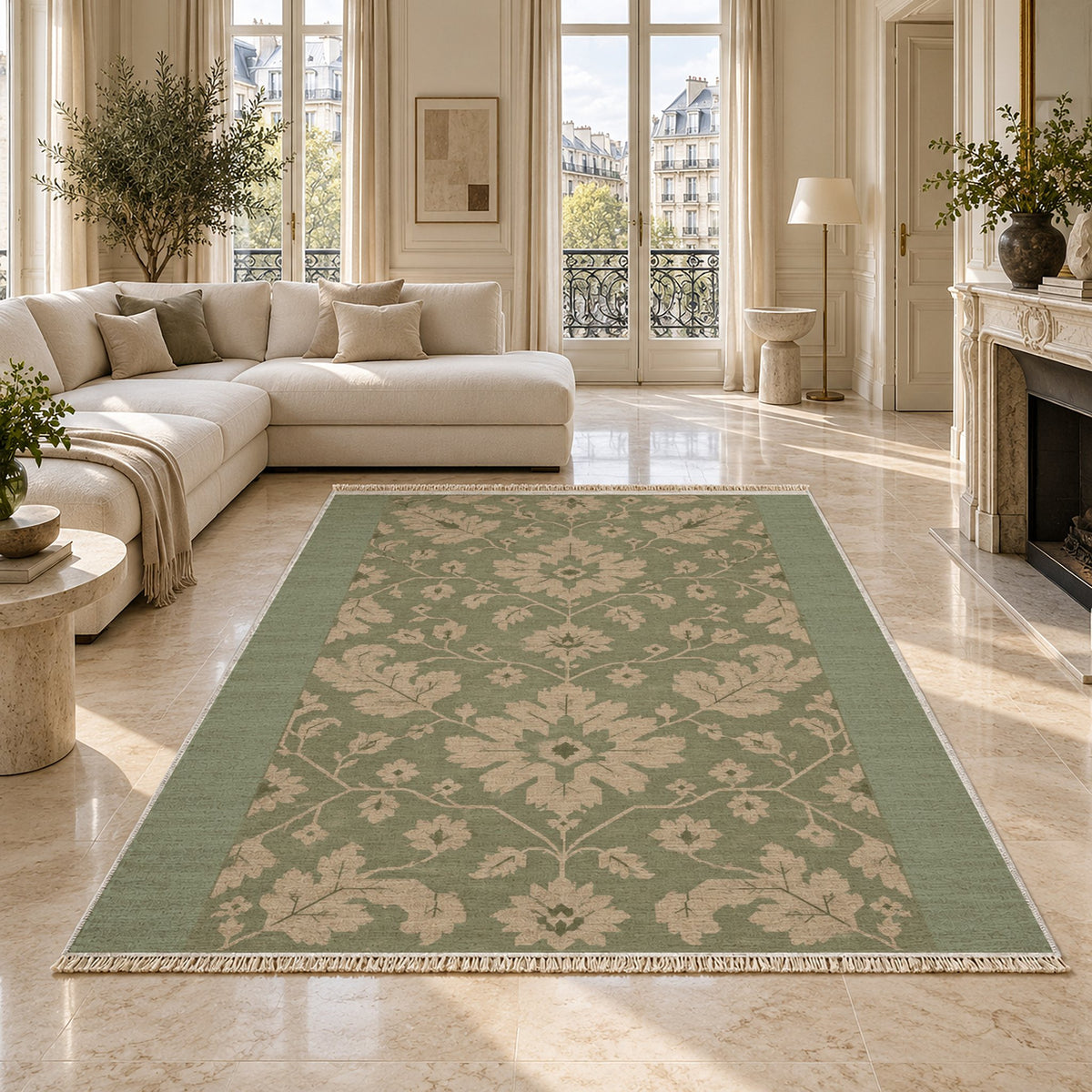 Quiet Oushak Sage & Oat washable rug on a marble floor