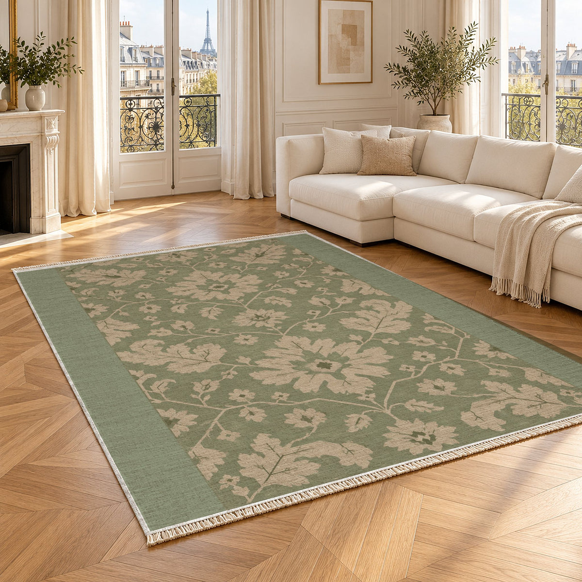 Quiet Oushak Sage & Oat washable rug angled room view
