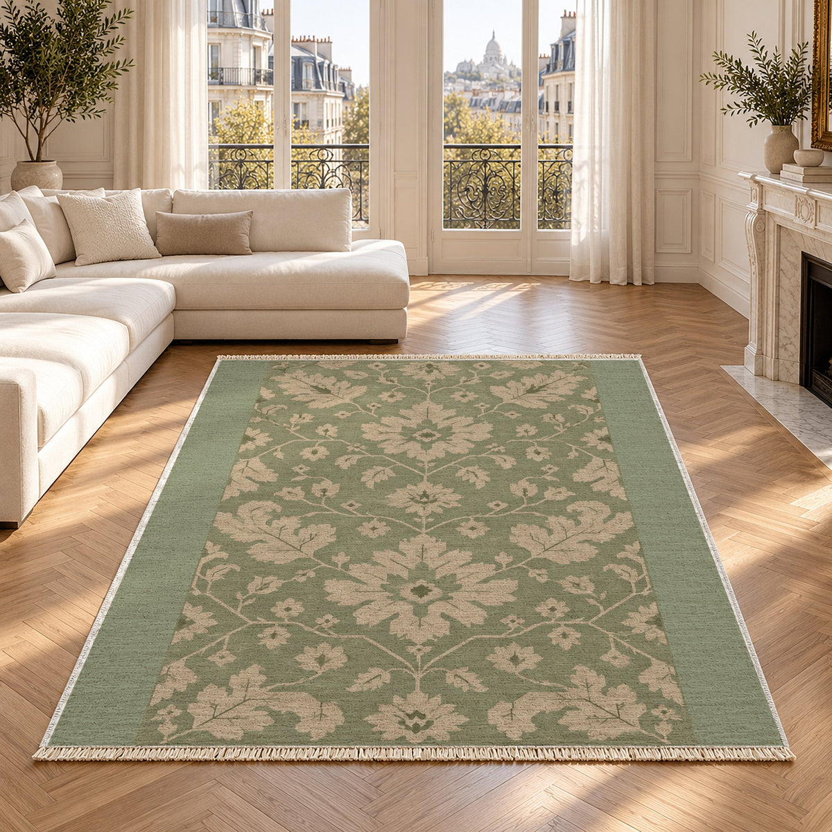 Quiet Oushak Sage & Oat washable rug in a Paris living room