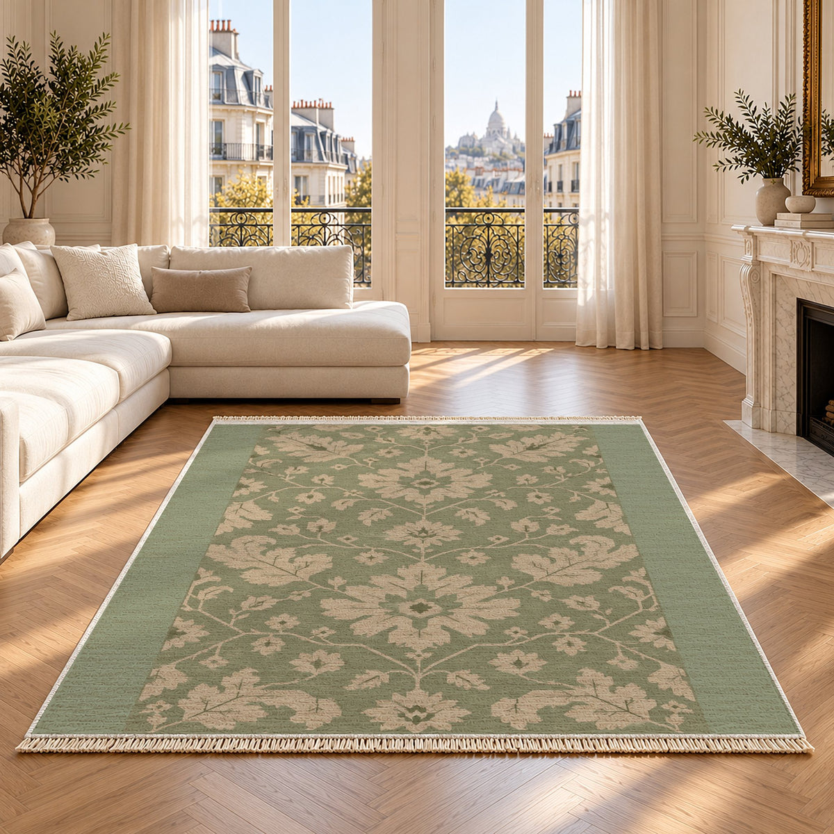 Quiet Oushak Sage & Oat washable rug on an oak floor