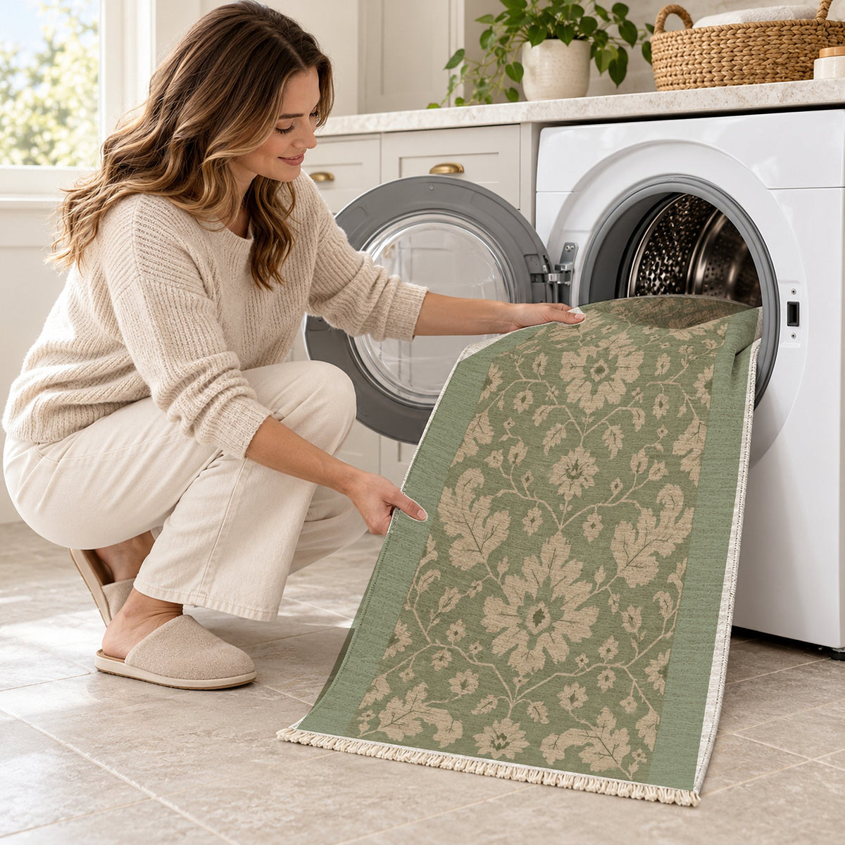 Quiet Oushak Sage & Oat washable rug being loaded into a washing machine
