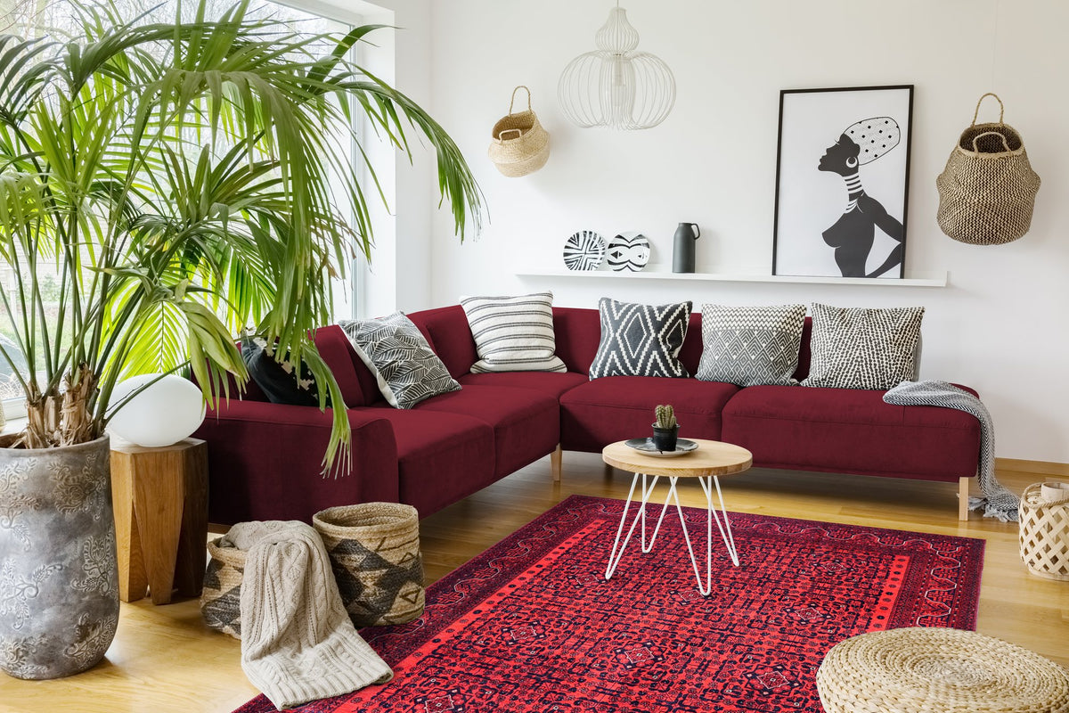 Red Afghan Bokhara Washable Rug in a living room