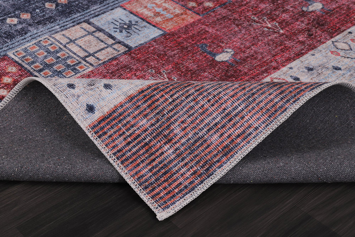 Red & Navy Gabbeh Patchwork Washable Rug pile close-up