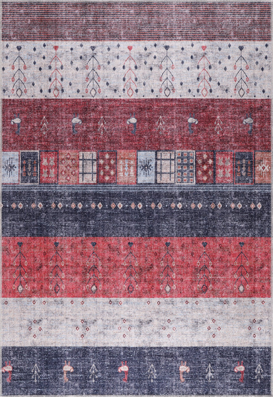 Red & Navy Gabbeh Patchwork Washable Rug | 1339