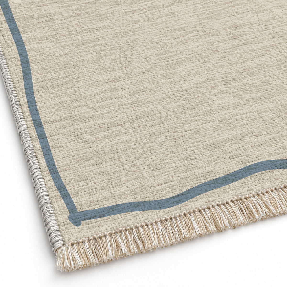 Ribbon Border Ivory & Dusty Blue washable rug close-up of the printed chenille