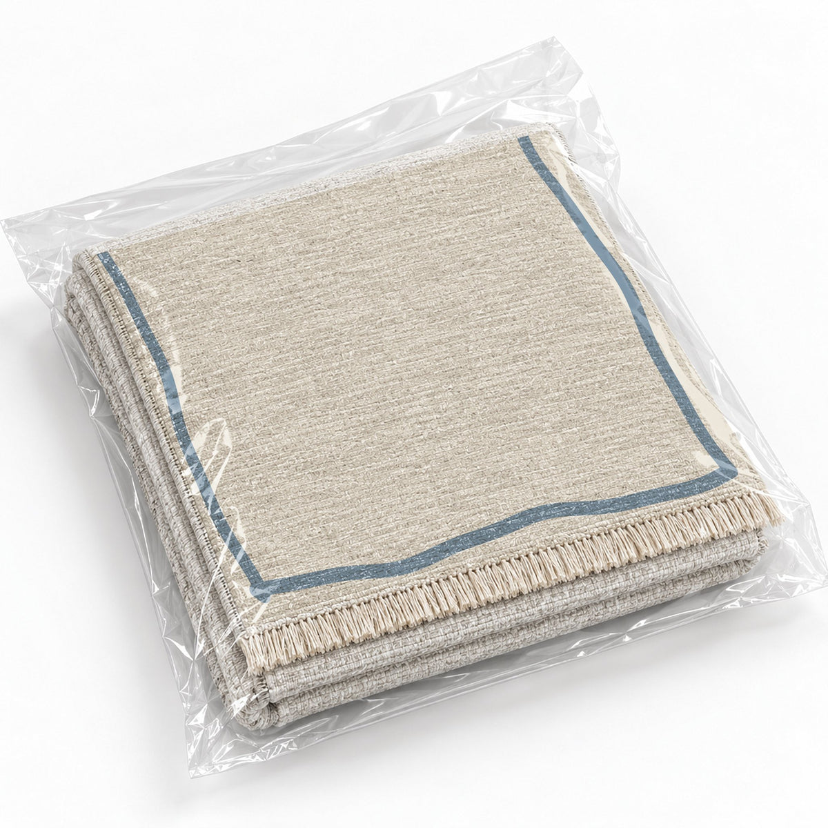 Ribbon Border Ivory & Dusty Blue washable rug rolled and packaged