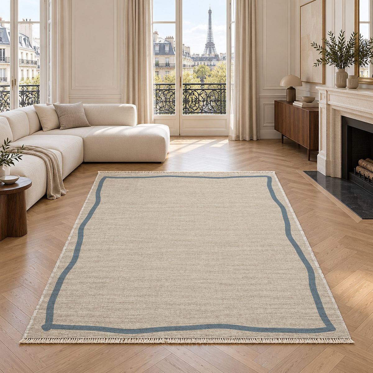 Ribbon Border Ivory & Dusty Blue washable rug in a living room with an Eiffel Tower view